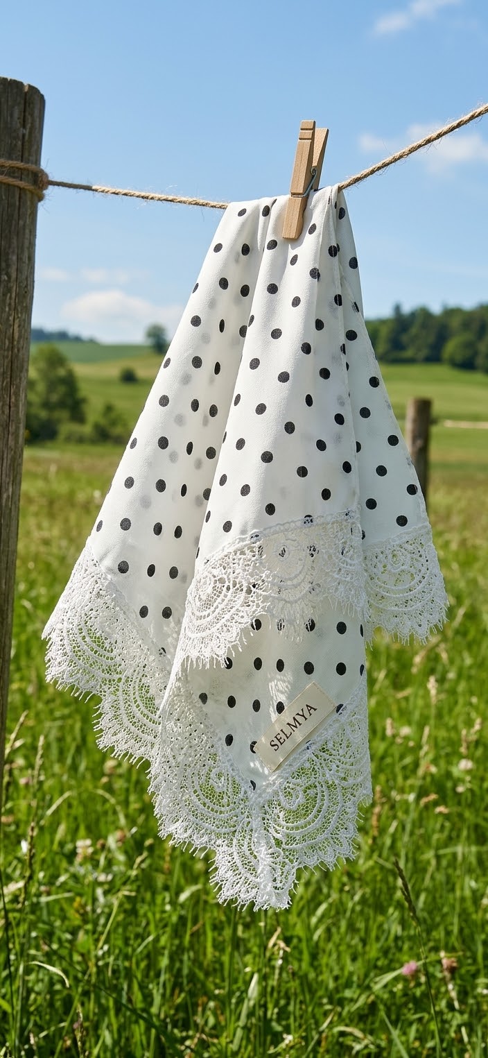 Voile blanc à pois noirs et dentelle blanche