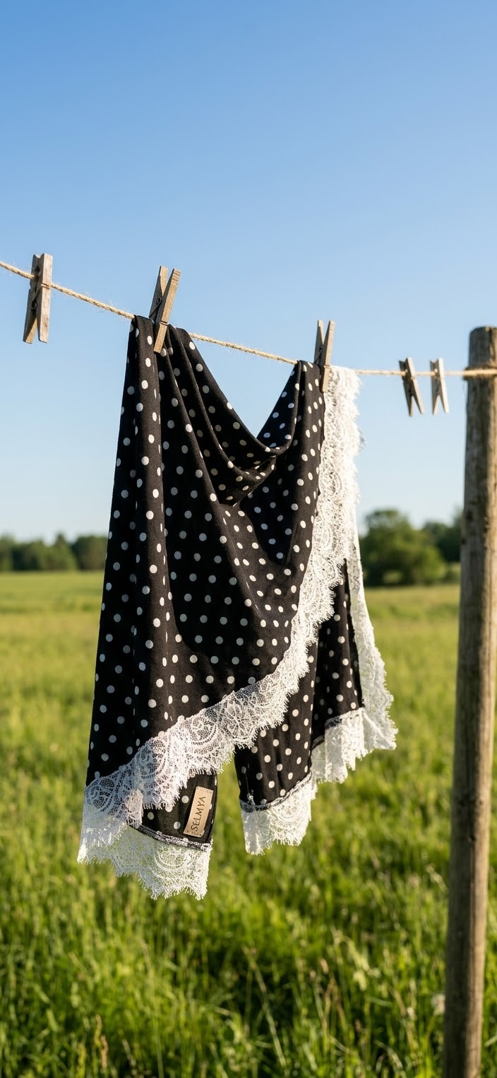 Voile noir à pois blancs avec bordure en dentelle blanche